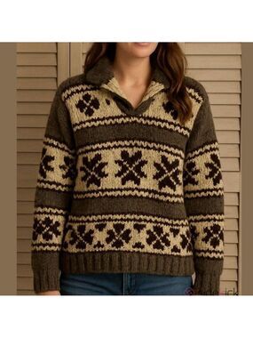 HANDKNIT Cowichan coastal wool pullover sweater shawl collar grey brown sz small